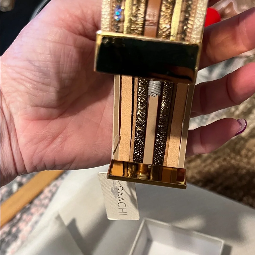 NIB Saachi Elegant Gold and Black Bangle Set Vegan Leather Brass Rhinestone - Picture 4 of 10